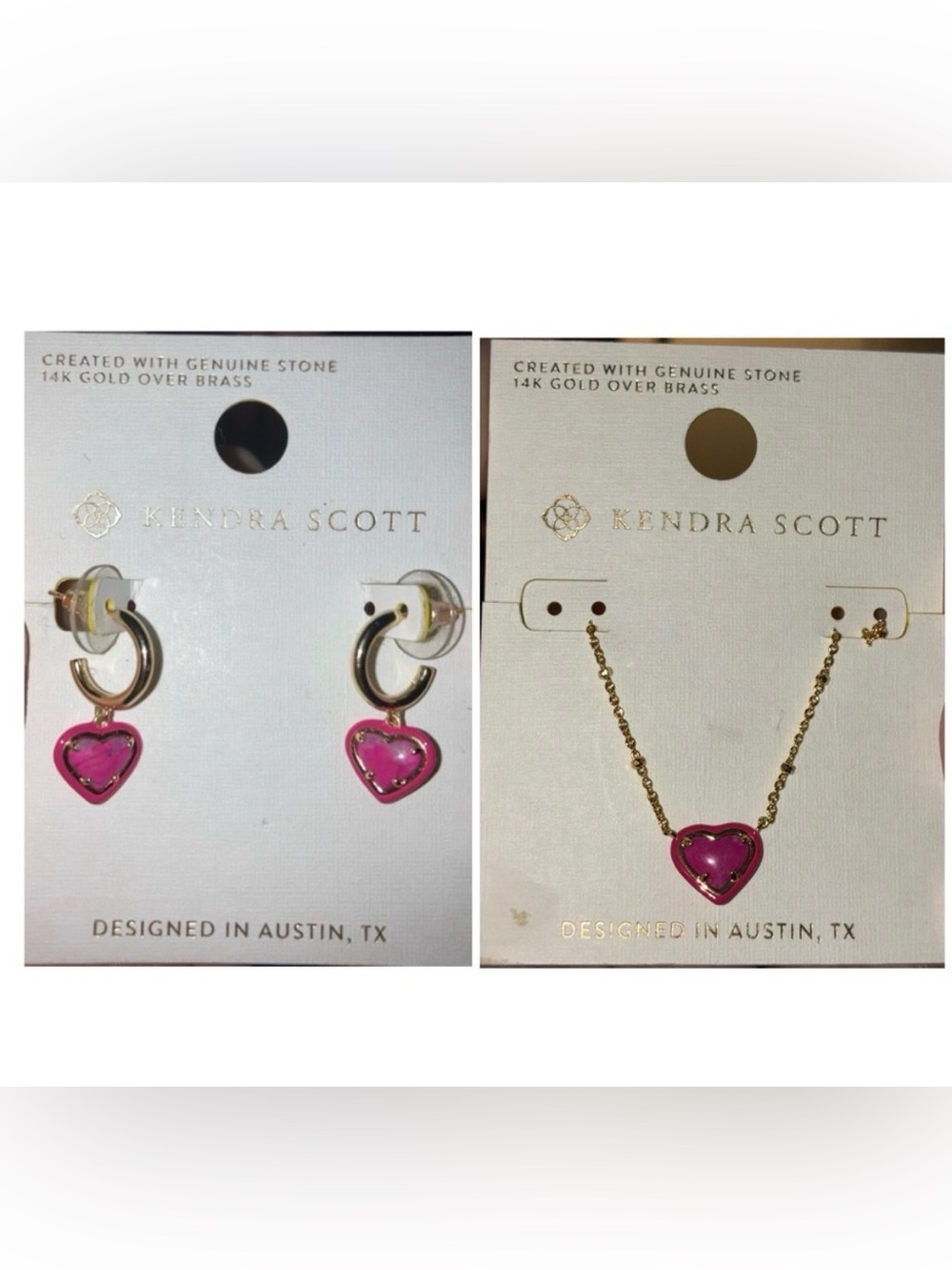 KENDRA SCOTT SET Anna Fuchsia Variegated Magnesite Heart Earrings & Necklace NWT